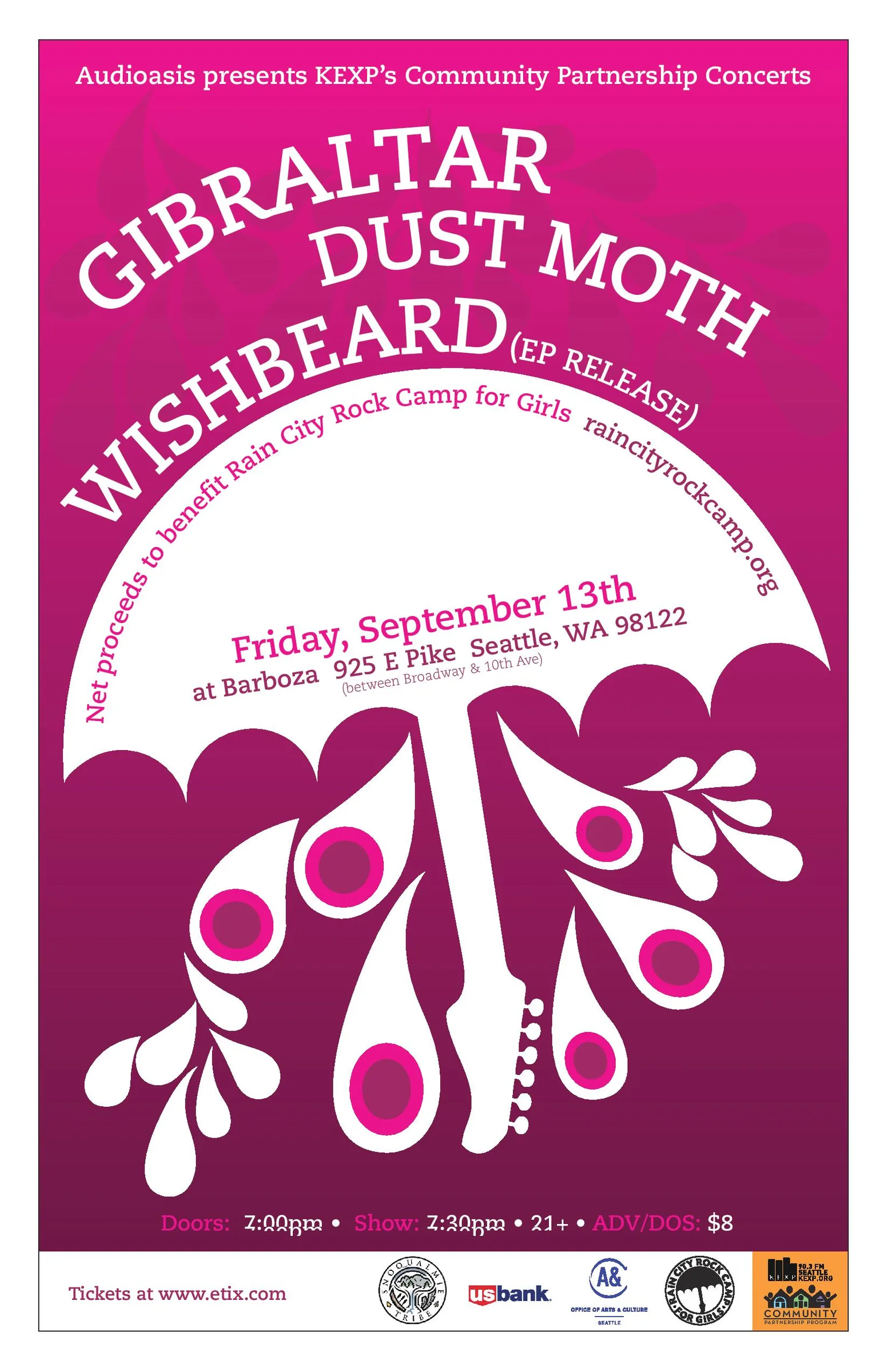 Poster for Gibraltar, Dust Moth and Wishbeard at the KEXP Audioasis Rain City Rock Camp for Girls benefit at Barboza.