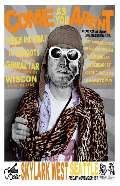Poster for the 7th annual Come As You Aren't at Skylark West, including Gibraltar performing as Lou Reed.