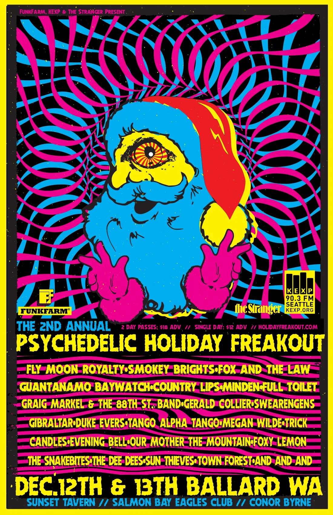 Poster for the 2nd Annual Psychedelic Holiday Freakout in Ballard, including Gibraltar at Sunset Tavern.