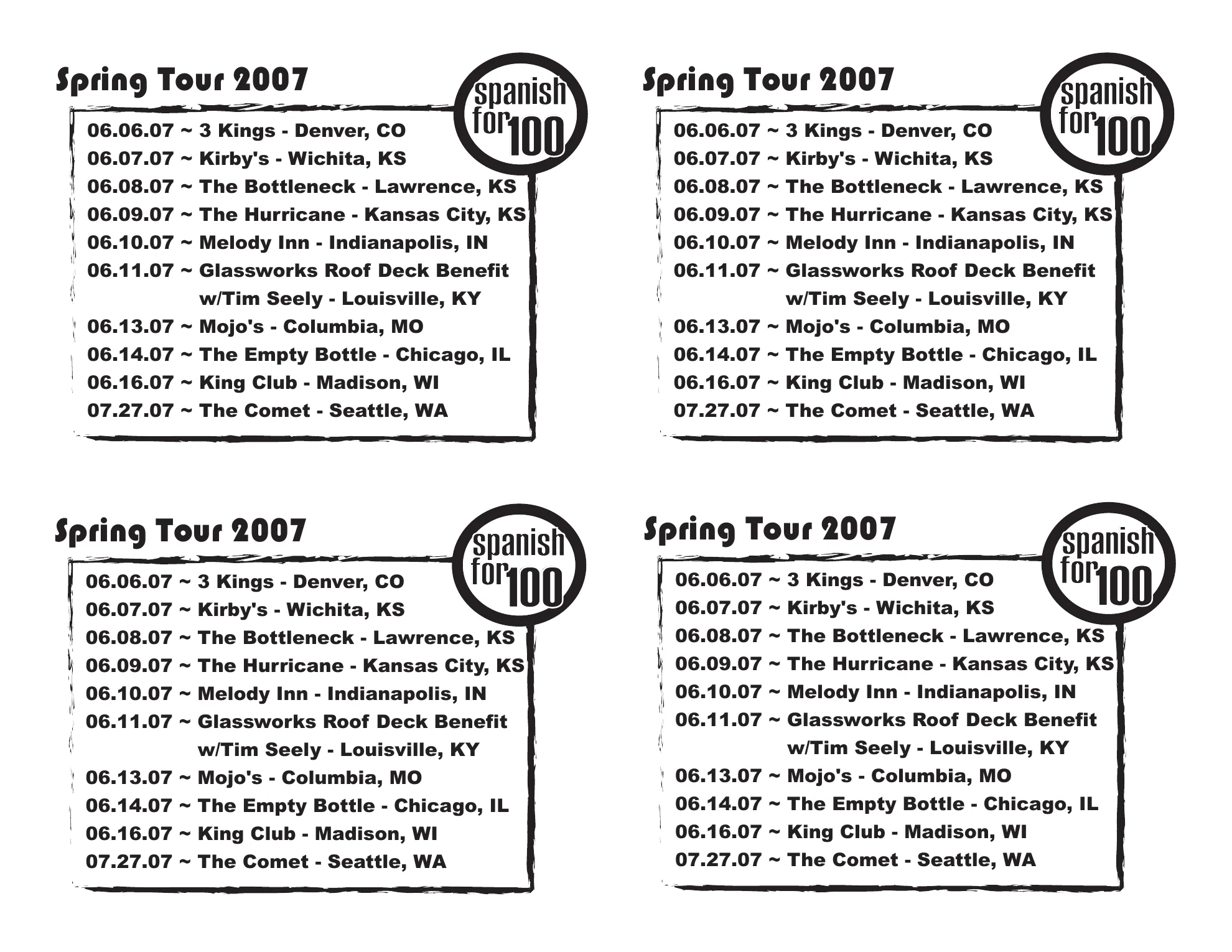 Front of original four-up handbill. Prints June 6 Denver, June 7 Wichita, June 8 Lawrence, June 9 Kansas City, June 10 Indianapolis, June 11 Louisville w/Tim Seely, June 13 Columbia, June 14 Chicago, June 16 Madison, and July 27 Seattle.