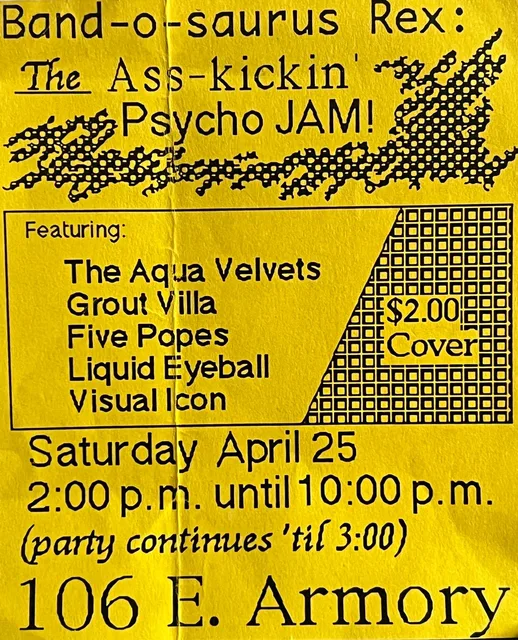 Yellow poster for Band-o-saurus Rex at 106 E. Armory on Saturday April 25, 1992, listing Five Popes among five bands.
