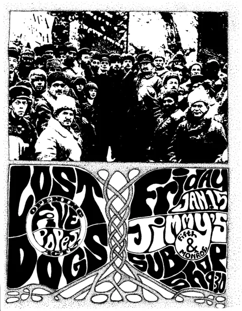 Poster/flyer visibly bills Lost Dogs and Five Popes, gives Jimmy's Sub / Fifth & Monroe, Friday Jan. 15, 9:30 PM.