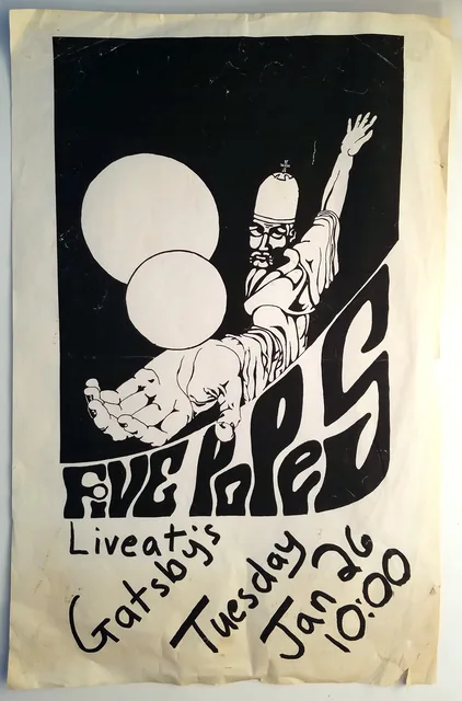 Original-style flyer visibly reads Five Popes, Live at Gatsby's, Tuesday Jan. 26, 10:00.