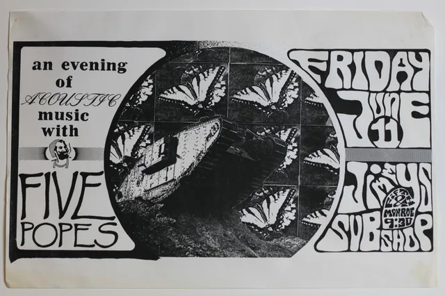 Flyer visibly reads 'an evening of acoustic music with Five Popes', Friday June 11, Fifth & Monroe, 9:30.