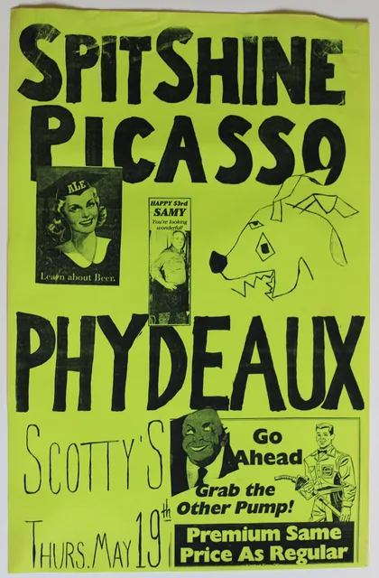Original flyer for the Spitshine Picasso / Phydeaux show at Scotty's on May 19, 1994; Aaron did not perform.