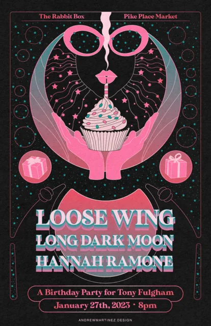 Portrait poster for Loose Wing, Long Dark Moon and Hannah Ramone at the Rabbit Box on Jan. 27, 2023.