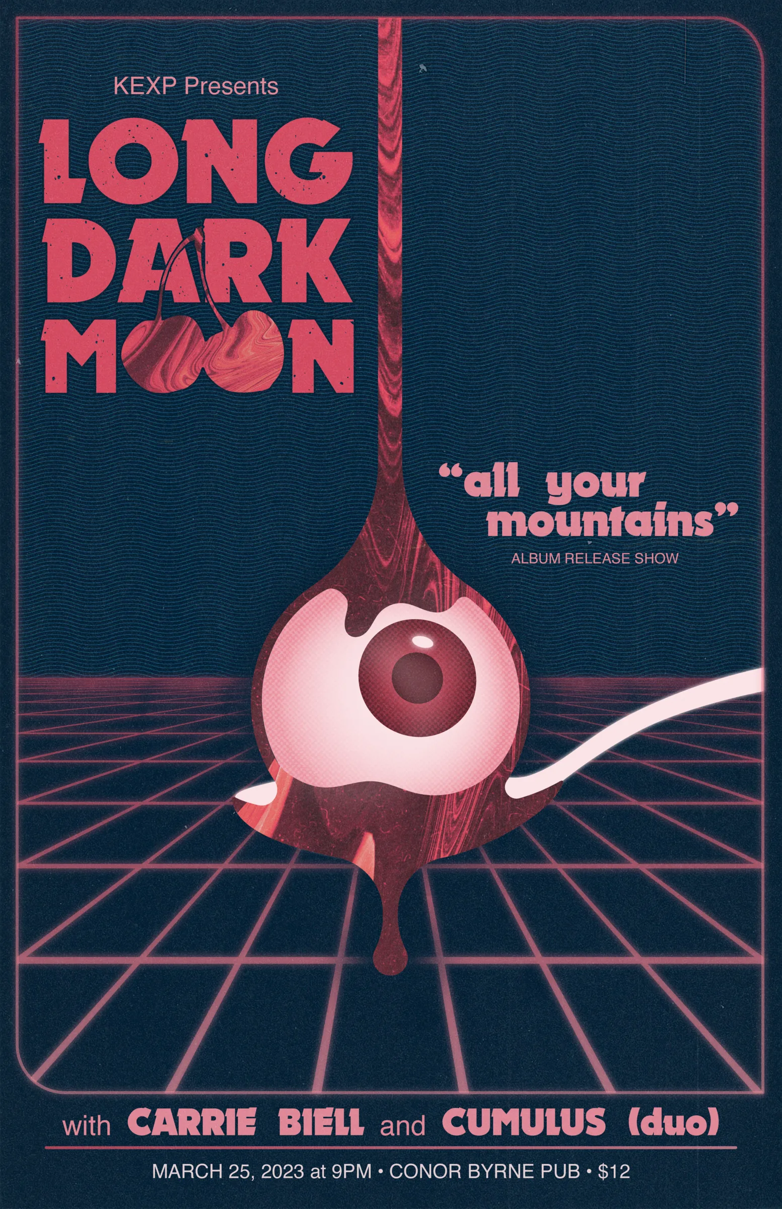 Poster for Long Dark Moon's All Your Mountains release show with Carrie Biell and Cumulus at Conor Byrne.