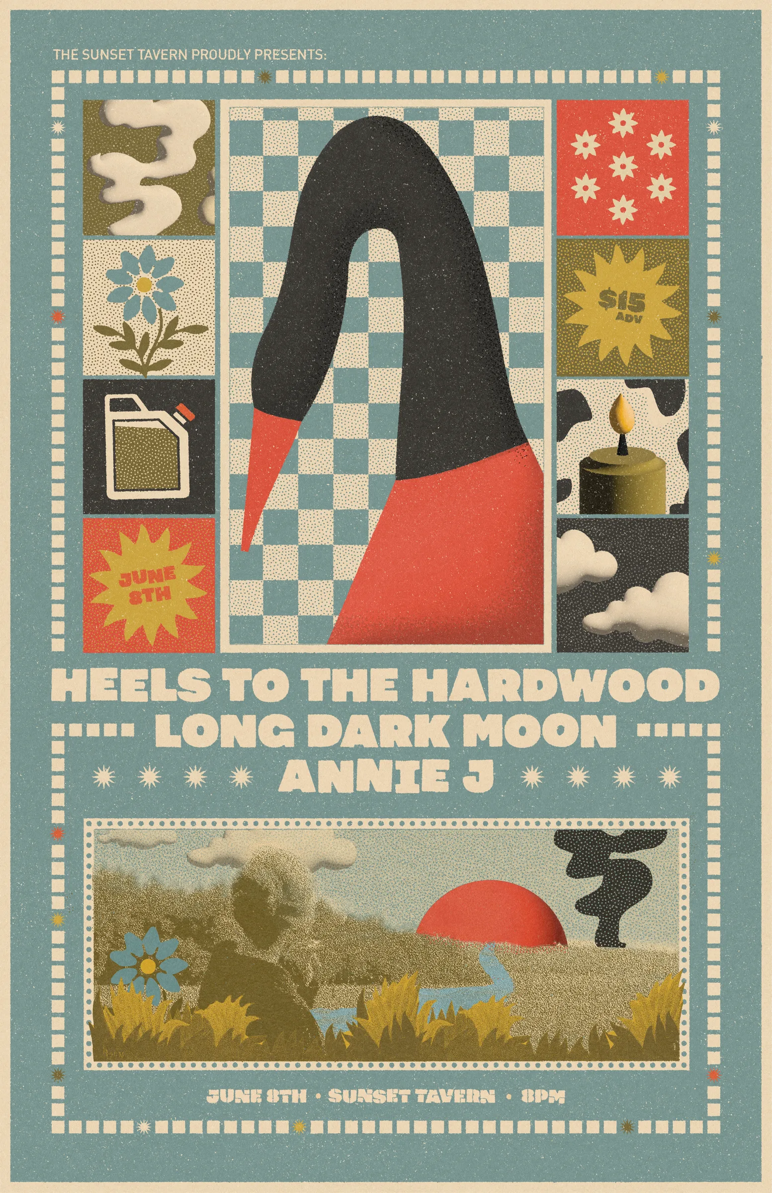 High-resolution poster for Heels To The Hardwood, Long Dark Moon and Annie J at Sunset Tavern on Jun. 8, 2024.