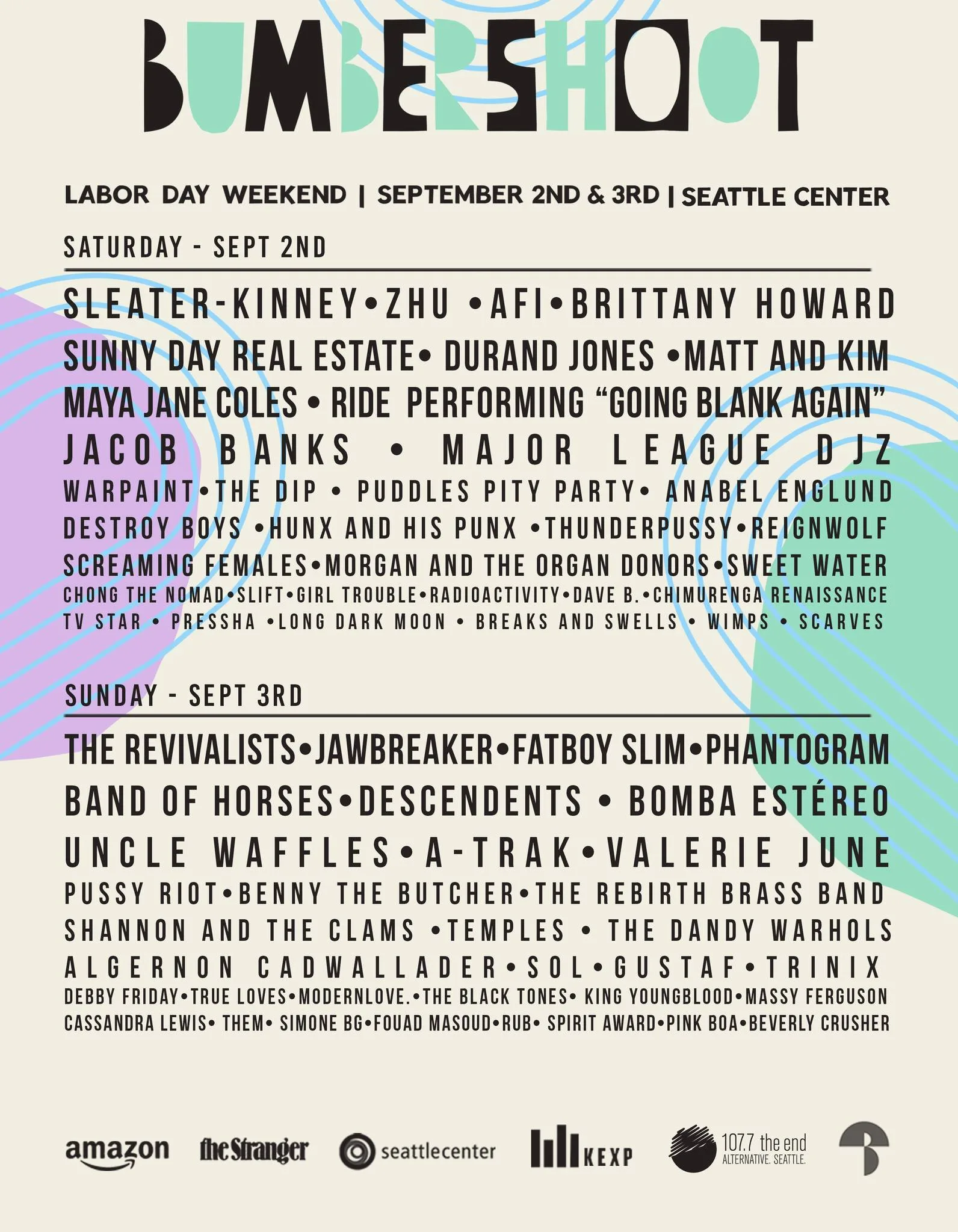 Bumbershoot 2023 festival lineup poster for September 2 and 3 at Seattle Center.