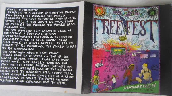 Freefest compilation booklet showing a festival statement and the 1994 poster.
