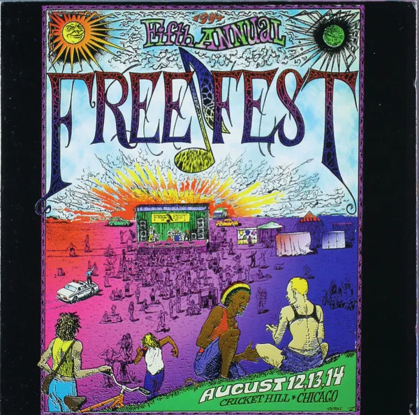 Illustrated poster for the fifth annual Freefest at Cricket Hill in Chicago, August 12 through 14, 1994.