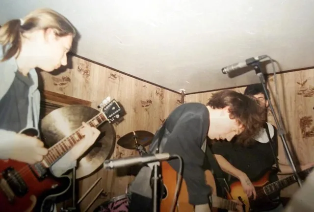Five Popes performing at the band's first show, identified by Aaron Starkey as Urbana, Illinois, spring 1991.