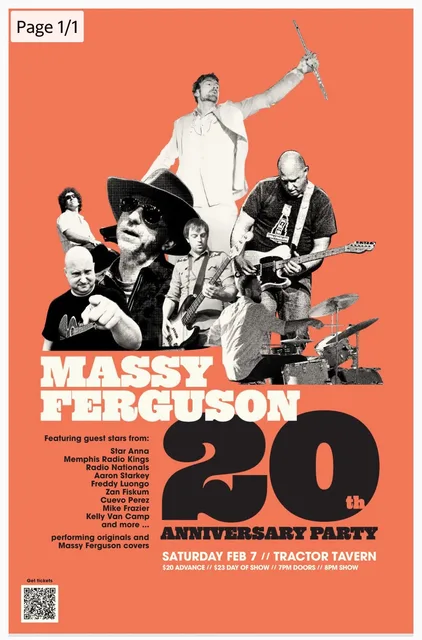 Flyer for the Massy Ferguson 20th Anniversary Party at Tractor Tavern on February 7, 2026.