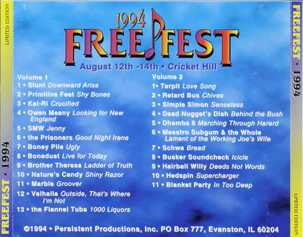 Freefest 1994 compilation cover and two-volume track list.