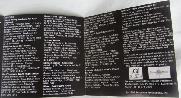 Page of artist notes and production credits from the 1994 Freefest compilation booklet.