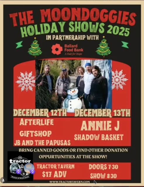 Flyer for The Moondoggies Holiday Show at Tractor Tavern on December 12 and 13, 2025.