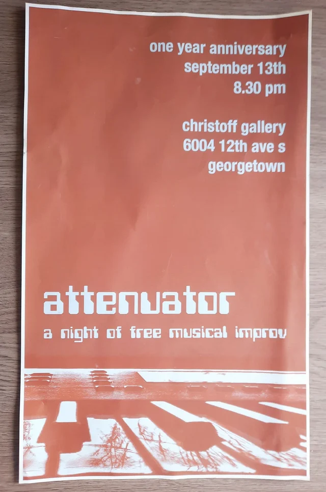 Orange and white Attenuator flyer announcing a night of free musical improv at Christoff Gallery, September 13 at 8:30 pm.