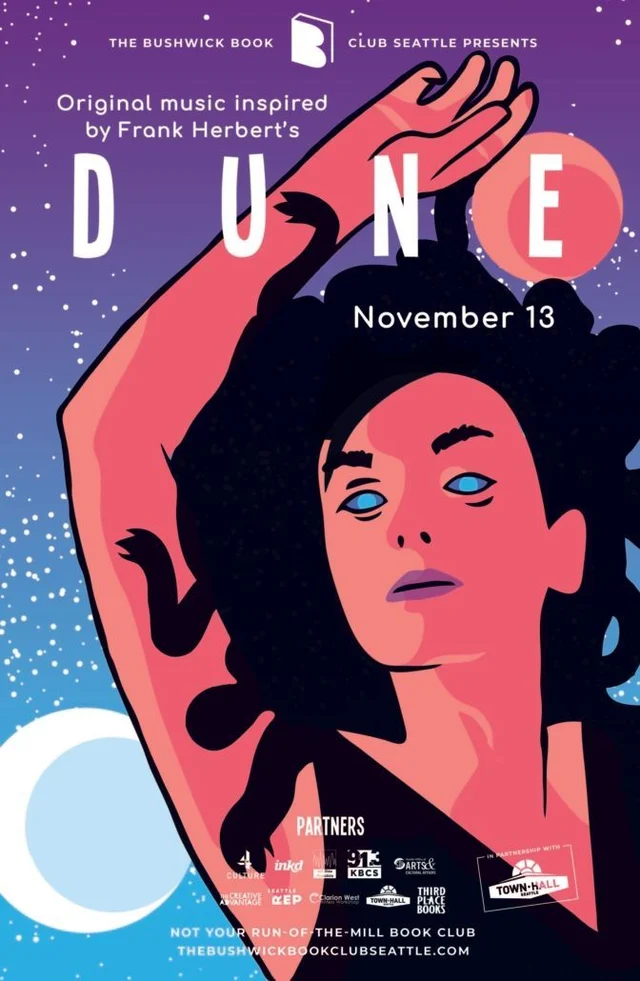 Official illustrated poster for Bushwick Book Club Seattle — Dune — Town Hall Seattle, 2021-11-13.
