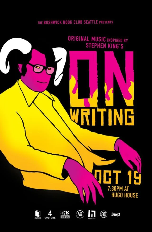 Official illustrated poster for Bushwick Book Club Seattle — On Writing — Hugo House, 2019-10-19.